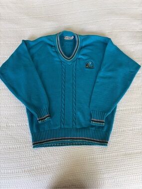 Vintage Aureus Sandpiper Bay Teal V-Neck Cable Knit Sweater
